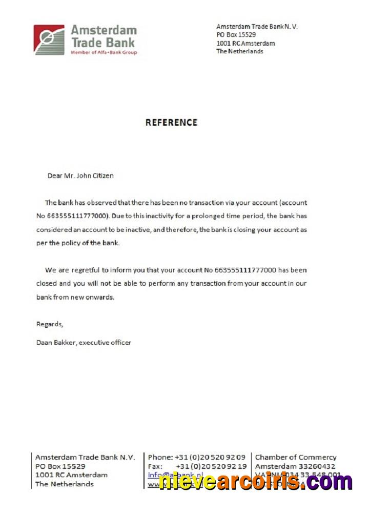 Netherlands Amsterdam Trade Bank closure certificate